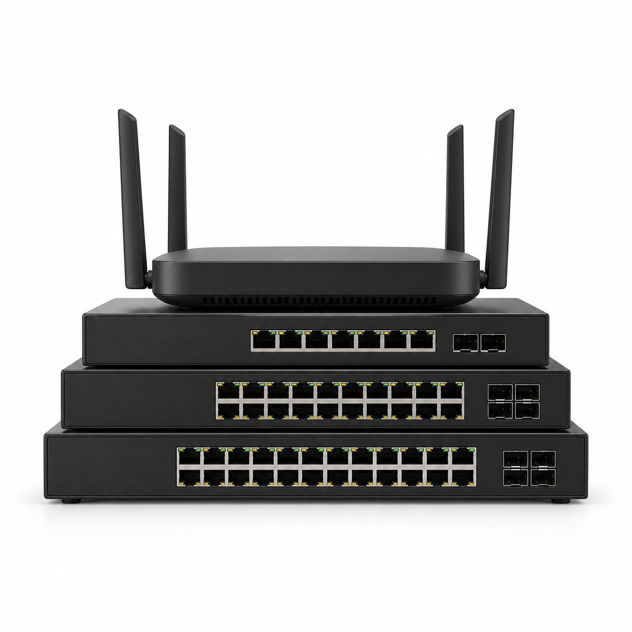 Wireless router placed on top of three network switches.