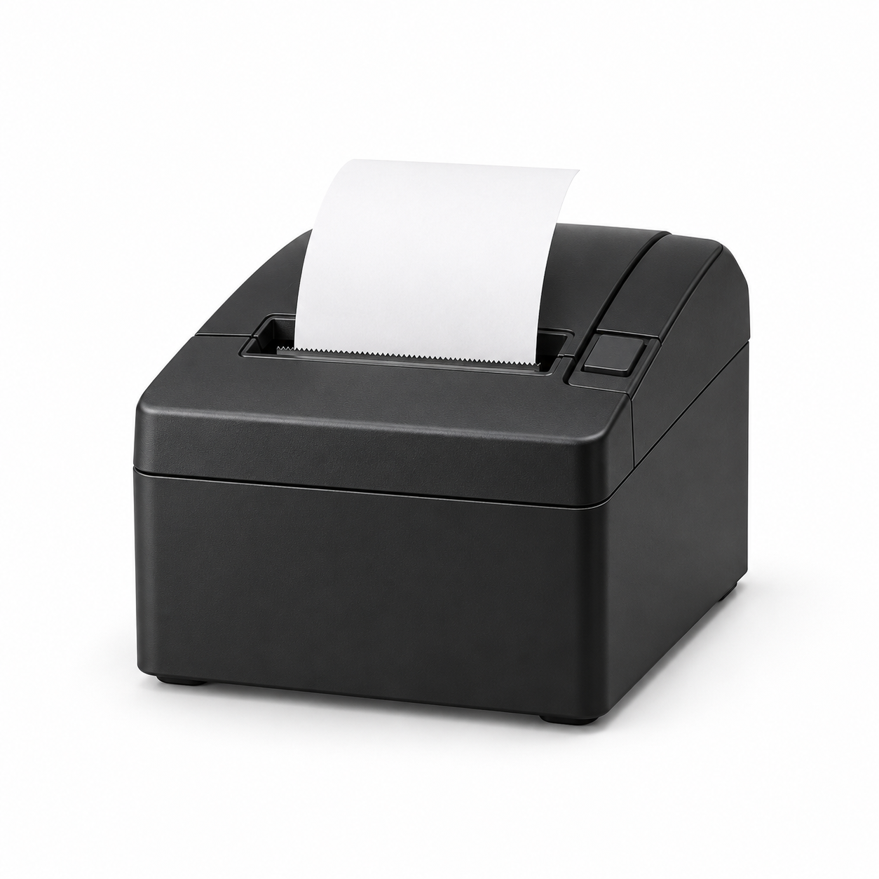 Black printer with a printed sheet of paper emerging from it on a white background.