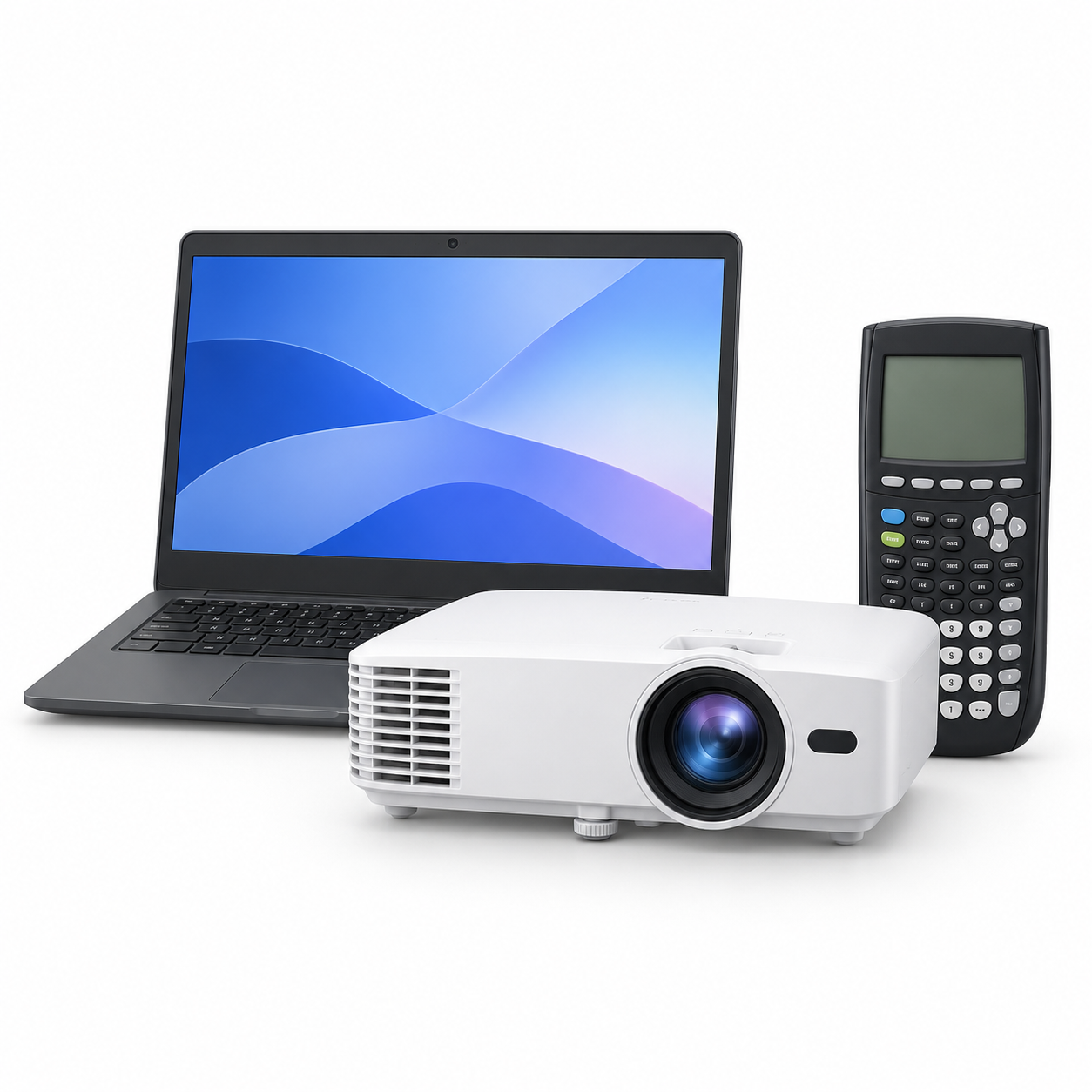 A white multimedia projector, a black calculator, a gray laptop, and a black remote control are arranged on a white background.