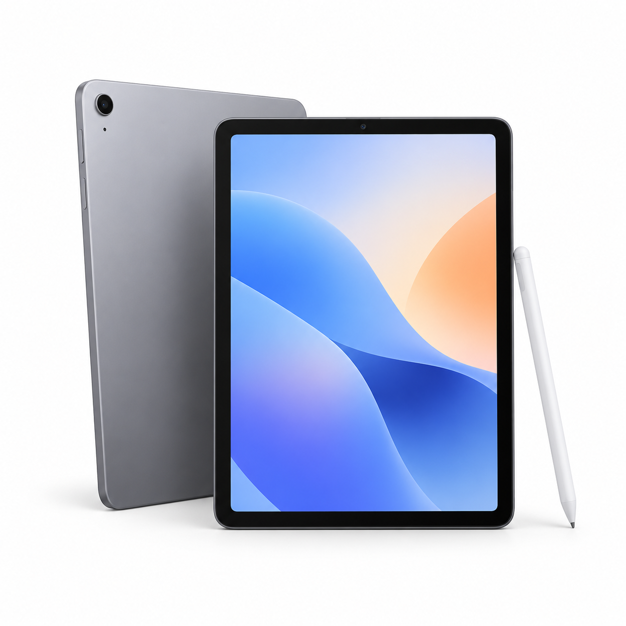 Apple iPad tablet with gray back, display showing colorful abstract background, and white stylus pen.