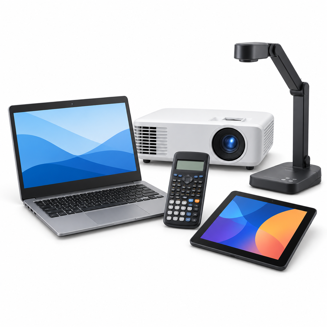 Electronic presentation equipment including a laptop, projector, tablet, calculator, and document camera.