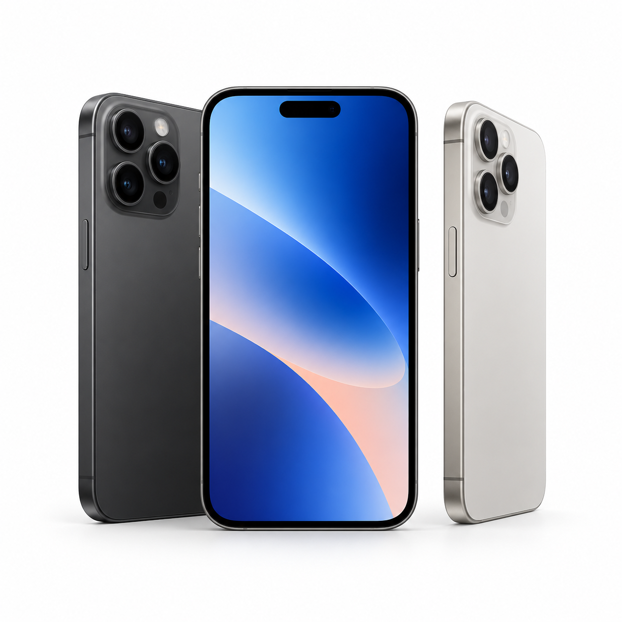 A modern smartphone with a large edge-to-edge display, showing a blue and peach abstract wallpaper, flanked by two other smartphones, one in charcoal gray and one in silver, all with triple camera setups on the back.