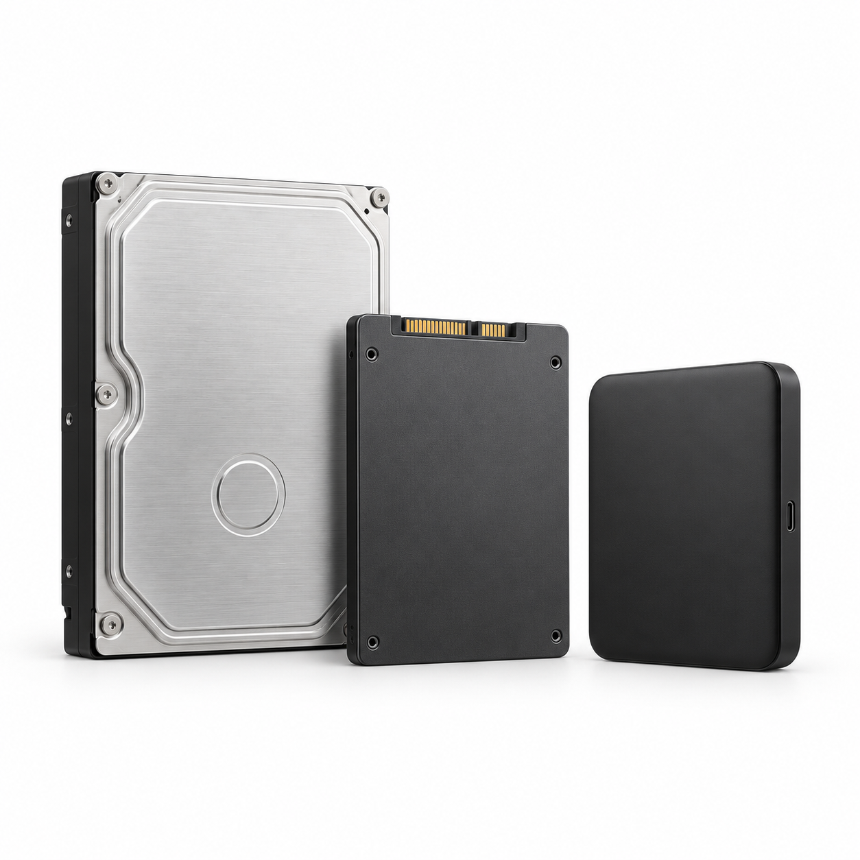 Three types of computer storage drives: a large silver hard disk drive, a black solid state drive, and a small black external drive, all on a white background.