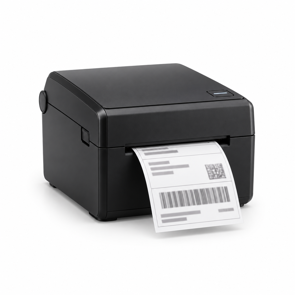 Black thermal label printer printing a shipping label with barcode and QR code on a plain white background.