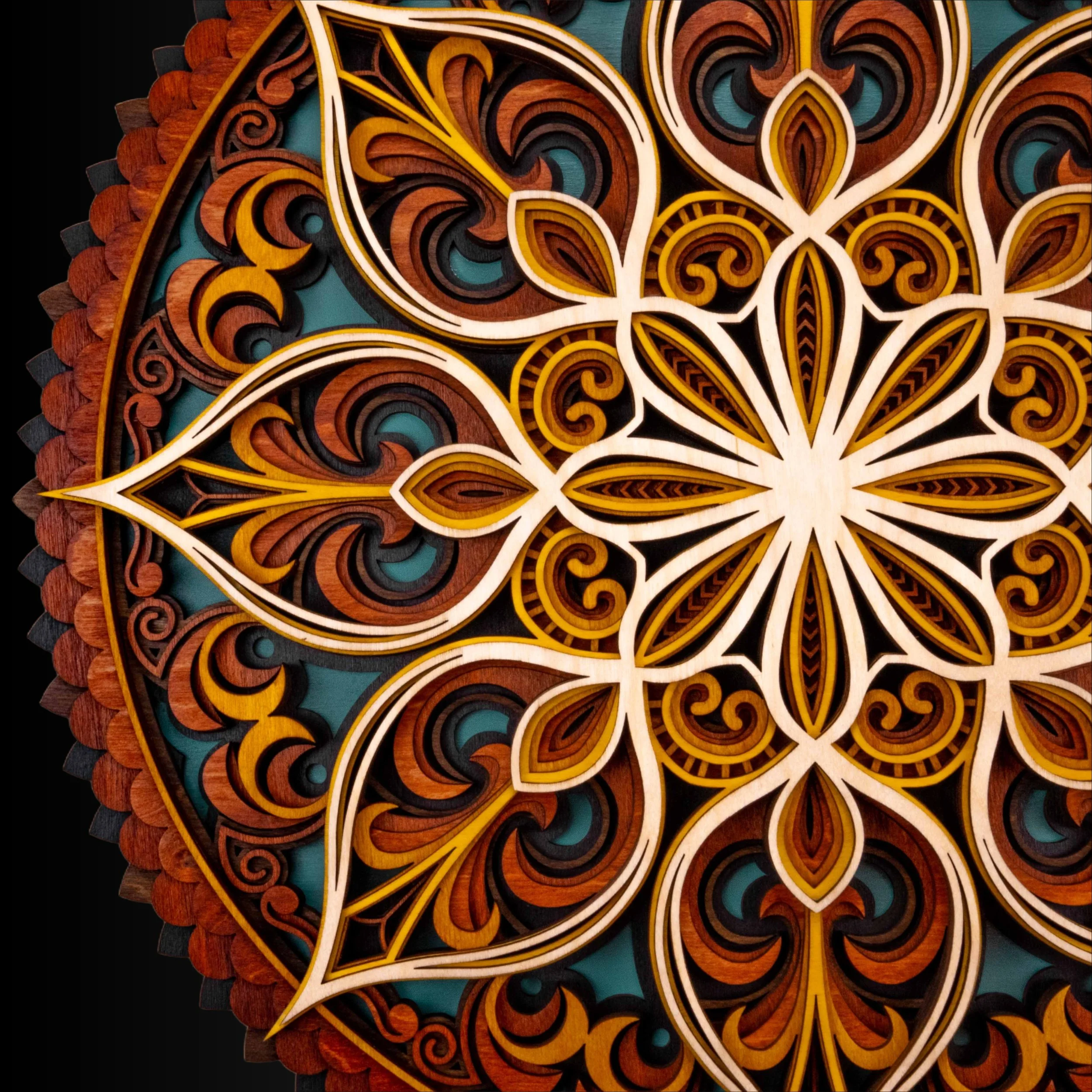 3D layered wood mandala wall art with intricate floral geometric design in natural wood tones by Woodland Woodworx