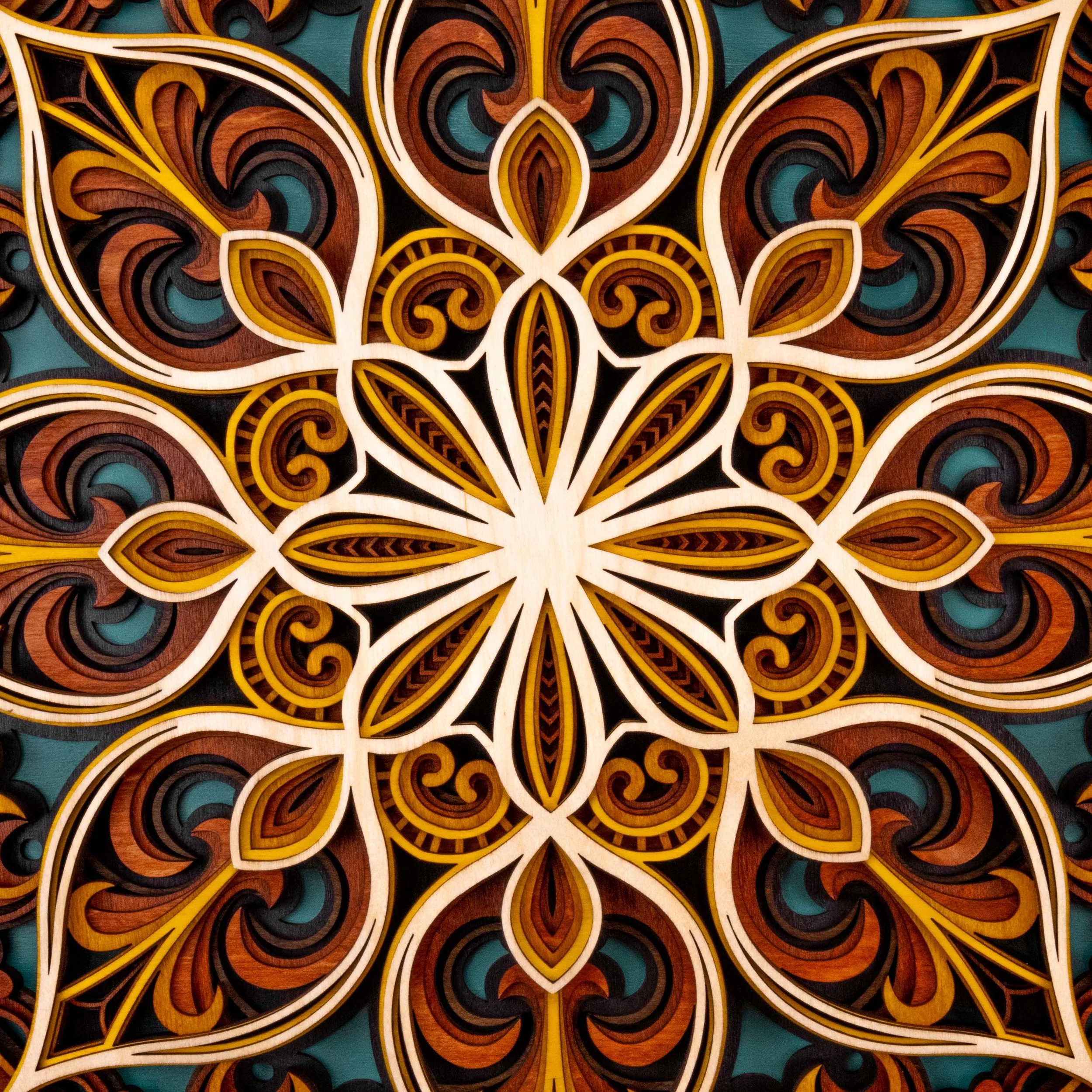 3D layered wood mandala wall art with intricate floral geometric design in natural wood tones by Woodland Woodworx