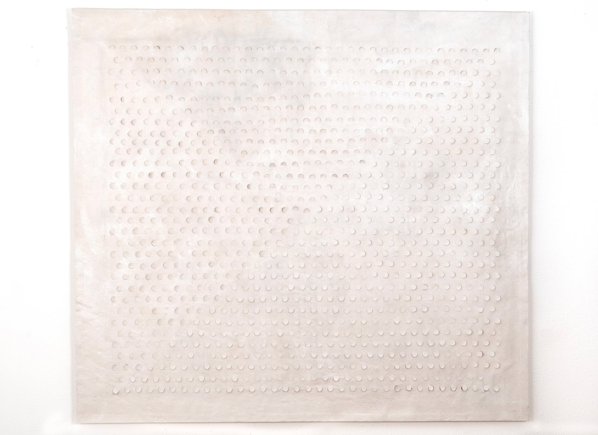 White Vestiges 2026, acrylic, graphite and glue on cut canvas, 52 x 59 in #textileworks #perforations #margaretrossgriffith #losangelesartist #cutcanvaswork