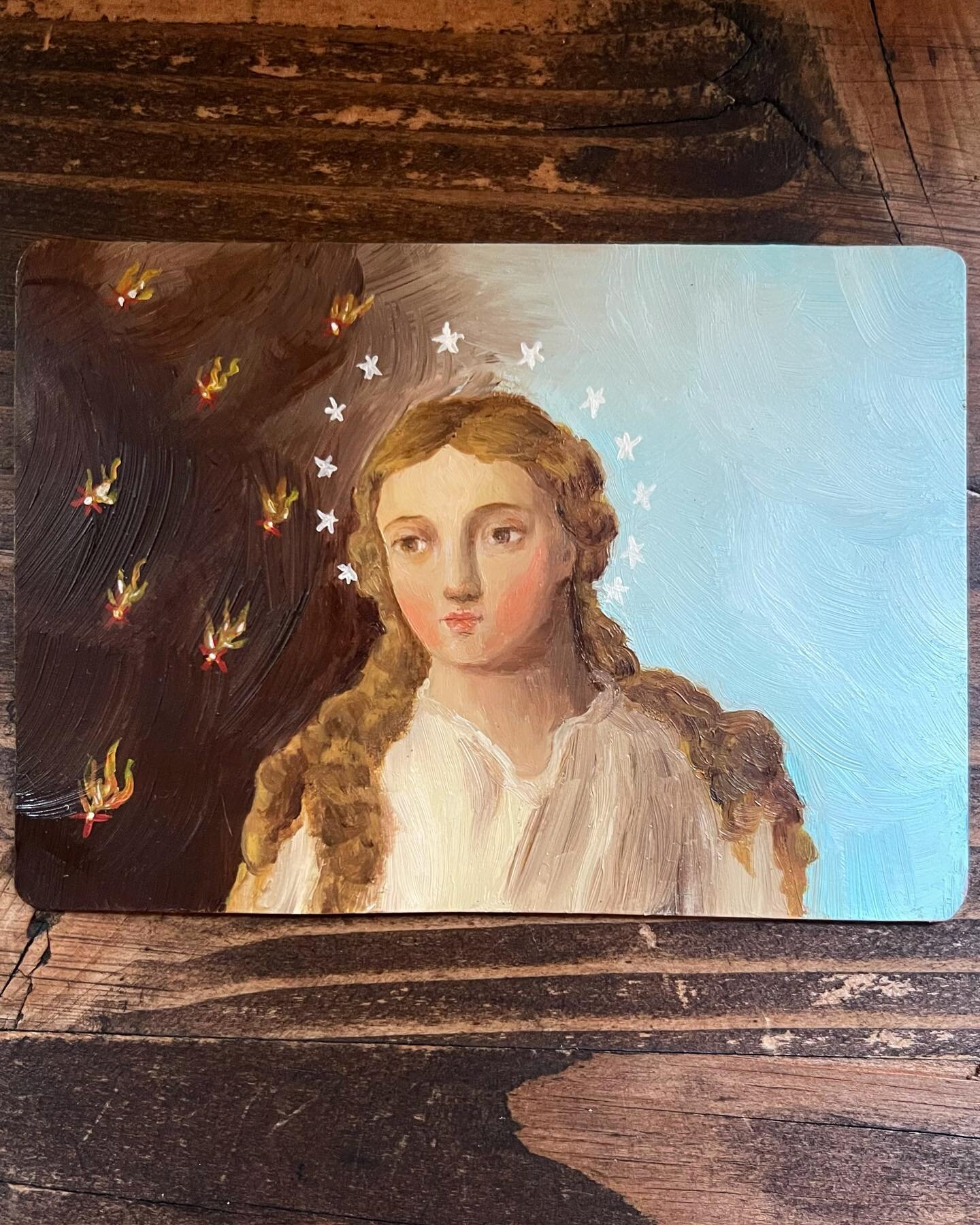 Virgin of the Apocalypse 

Oil on copper
10.5 cm x 7.5 cm

My first oil painting! Very excited to get more into this medium and experiment with different surfaces. This painting is only a smidge bigger than a credit card.
