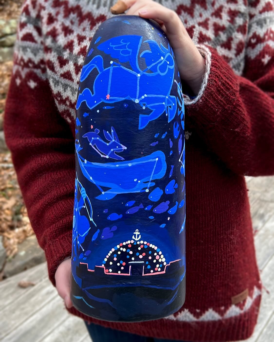 Last Saturday, the Stonington Lobster Trap Tree was assembled and light up finally! Be sure to check out the tree and all this year illustrated buoys. Look for my buoy &ldquo;Beneath The Starry Sky&rdquo; on the tree and online on the annual auction 