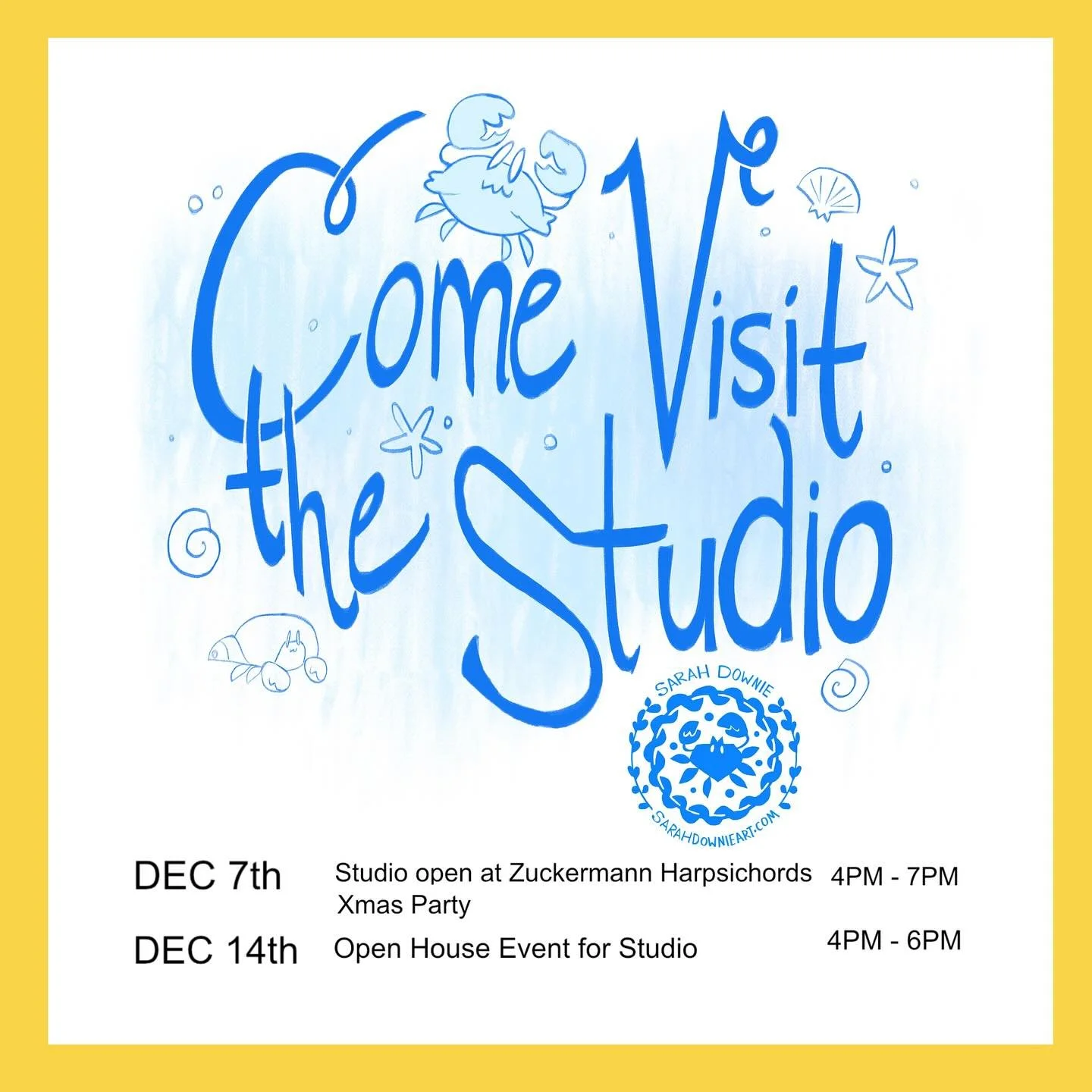 I will be having my art studio open to the public on the following days . 

Dec 7th, my studio will be open during the Zuckermann&rsquo;s Xmas party

Dec 14th, will be my official open house for my art studio

My art studio is located at 65 Cutler St