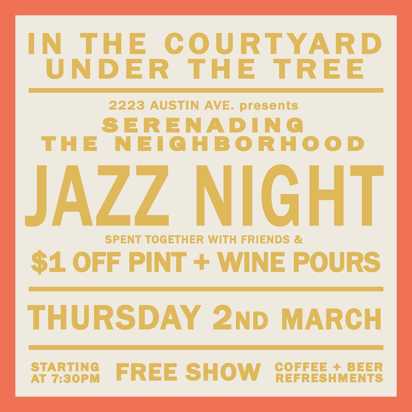 Tonight! In the courtyard! Grab a cold one / wine pour for $1 off and enjoy a serenade from Uptown Swing, starting at 7:30🍻