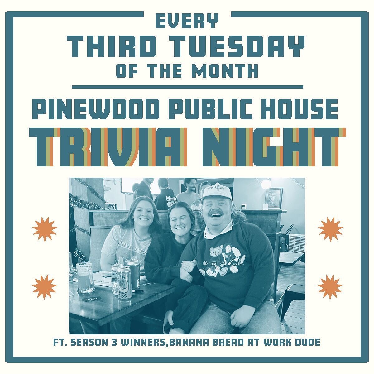 TRIVIA IS BACK! Sign up your team of 3-6 for ROM COM TRIVIA, tomorrow at 7pm. Plus 15% off bombers for here + 10% off pints. Cheers &amp; may the best team win 🍻
Round of applause for last seasons&rsquo; winners, Banana Bread at Work Dude