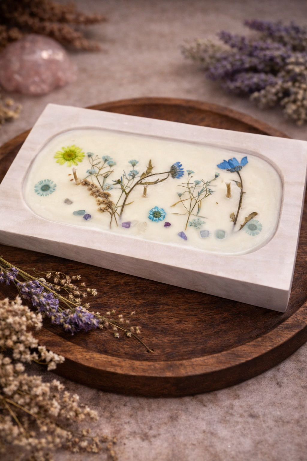 Vibrant Green & Blue Flowers Botanical Vanilla & Floral Beeswax Candle