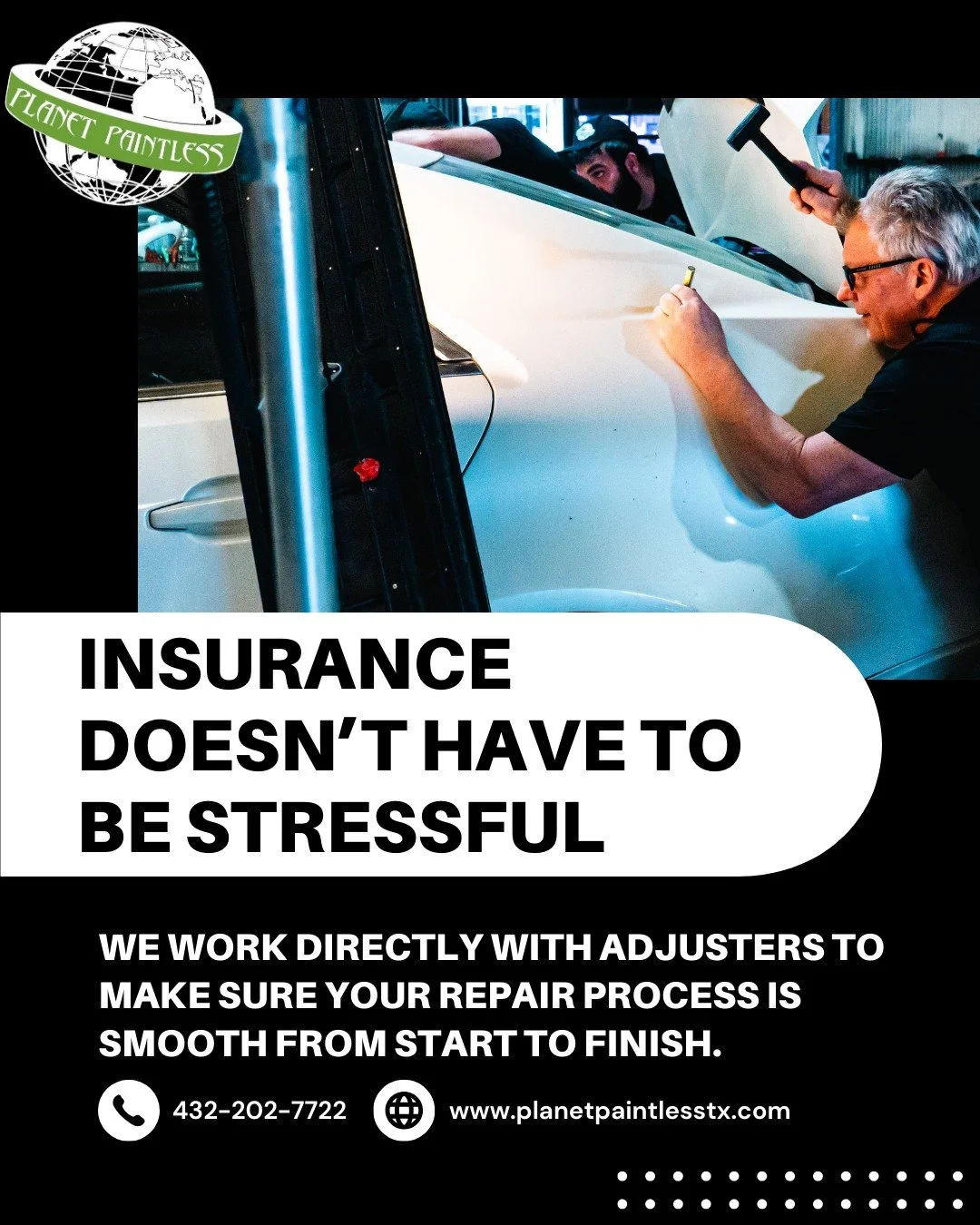 Insurance doesn't have to be stressful. We work directly with adjusters to make sure your repair process is smooth from start to finish. đ
Call us at 432-202-7722 or visit us at planetpaintlesstx.com to get started.