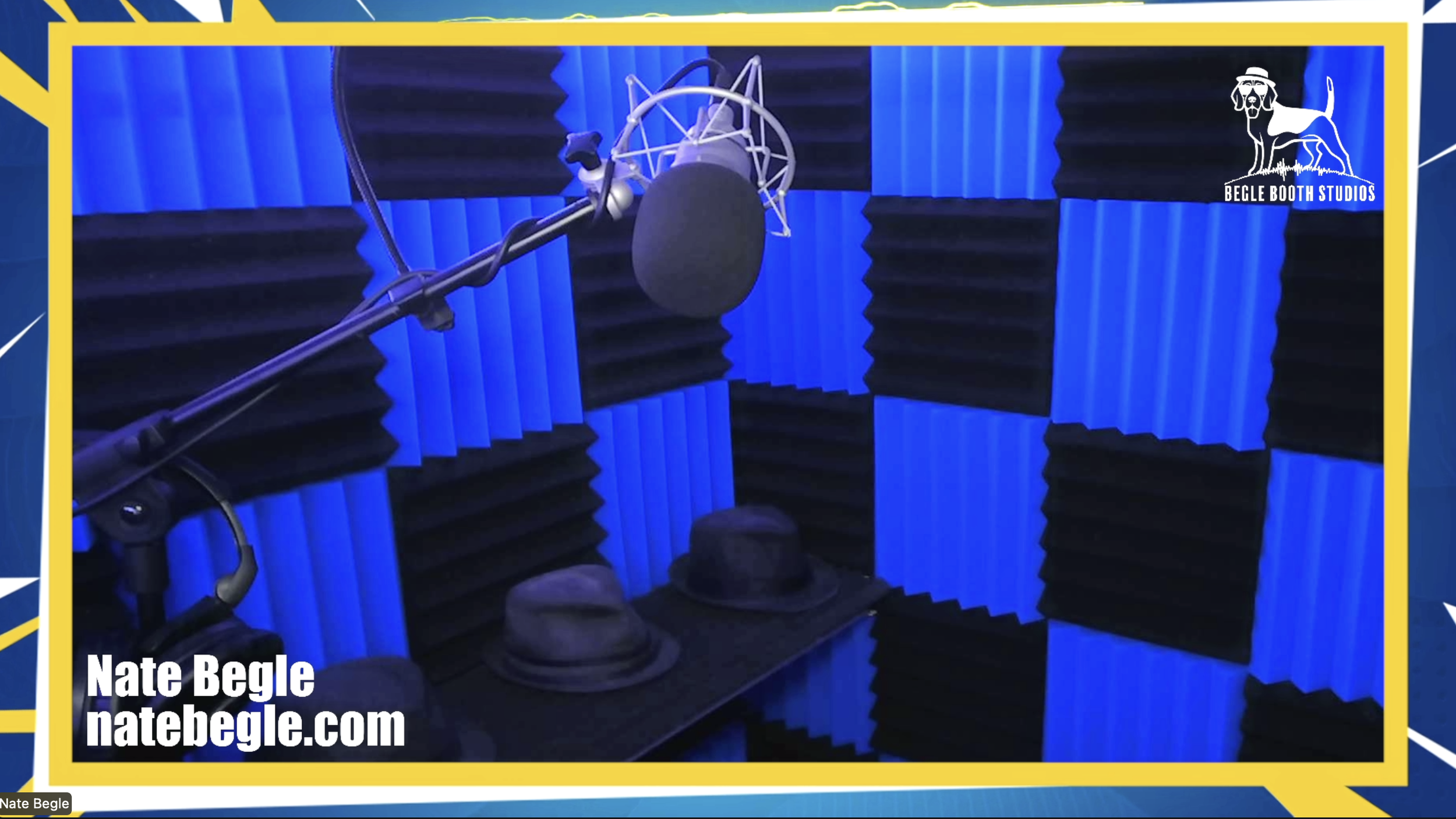 Professional home recording studio at Begle Booth Studios — broadcast-quality condenser microphone on boom arm with shock mount and pop filter, surrounded by full acoustic foam treatment, operated by Orlando voice actor and audio producer Nate Begle