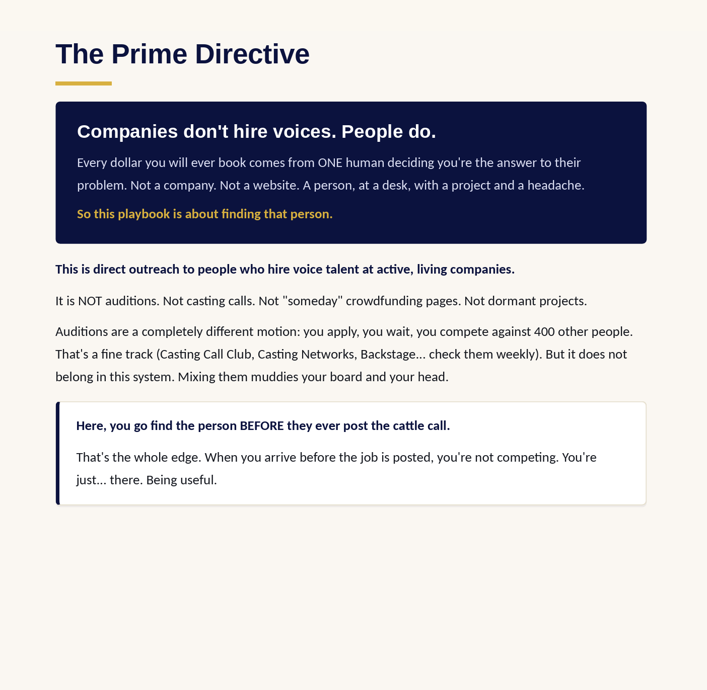 Finding the Human voice over prospecting playbook PDF Prime Directive
