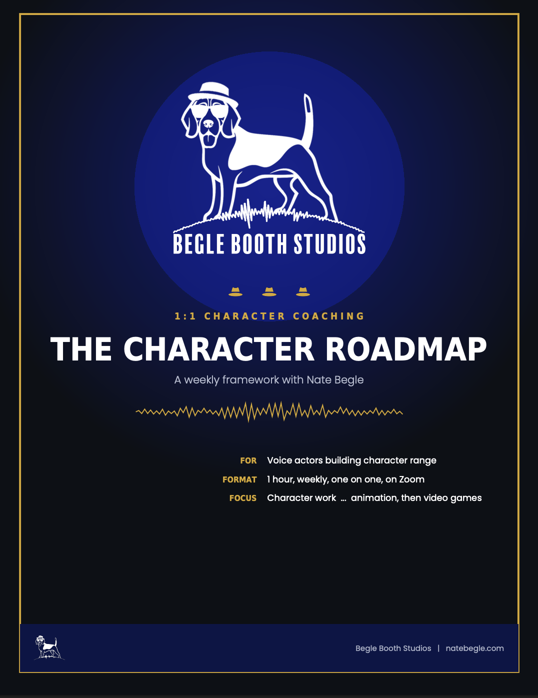 A promotional poster for Begle Booth Studios' character development program. It features a cartoon dog with a hat, sitting on grass inside a blue circle, with the studio name and details about weekly coaching sessions for voice actors.