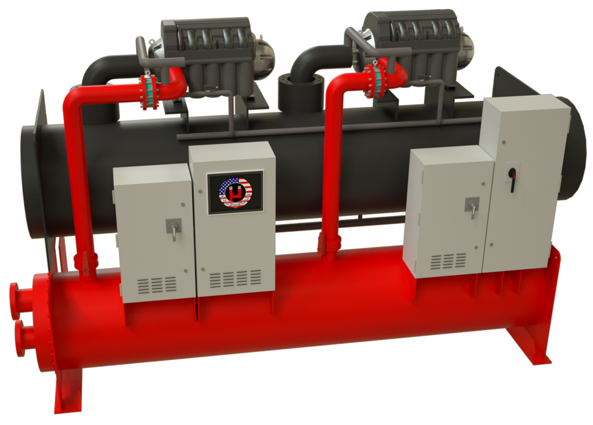 Industrial boiler system with red pipes, black and gray components, and control panels with a logo featuring an American flag and the letters 'MAGZERO.US'. TurboCore Compressors with Danfoss and Magzero parts