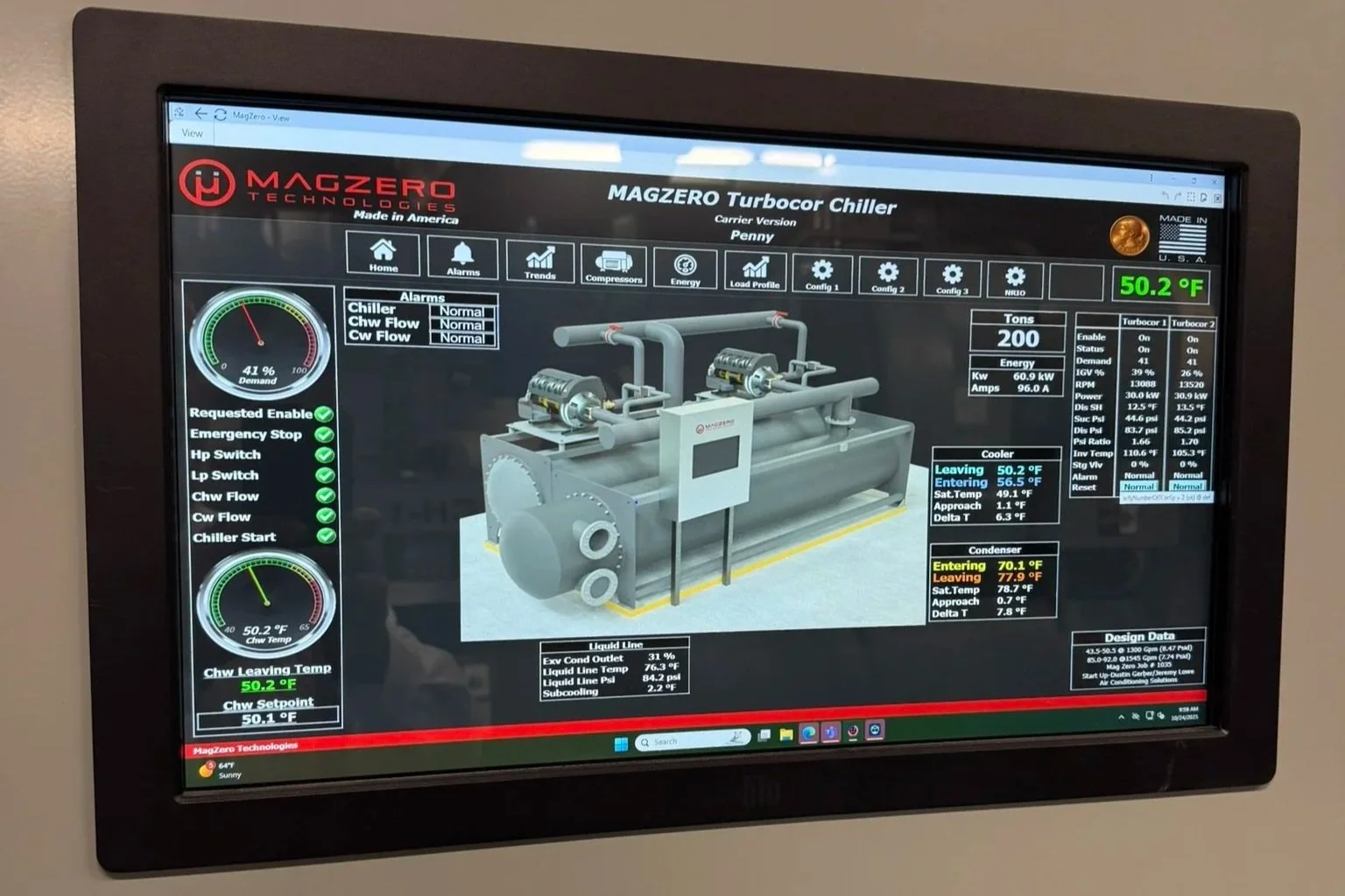 A digital HVAC control panel display showing a 3D diagram of heating, ventilation, and air conditioning system components. The display indicates system status, alarms, zone temperatures, and airflow data, with navigation options for Home, HVAC Equipment, Floor, and Overview.