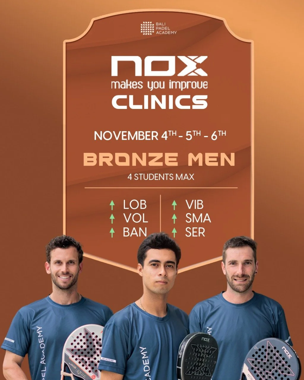 NOX CLINICS at BPA⁠
⁠
MEN BRONZE LEVEL (Playtomic level average 1.5-2.5 )⁠
⁠
Dates: November 4th, 5th, 6th.⁠
⁠
3-day intensive training (8 hours total) designed exclusively for Bronze Men players who want to level up their padel game. ⁠
⁠
Strengthen 