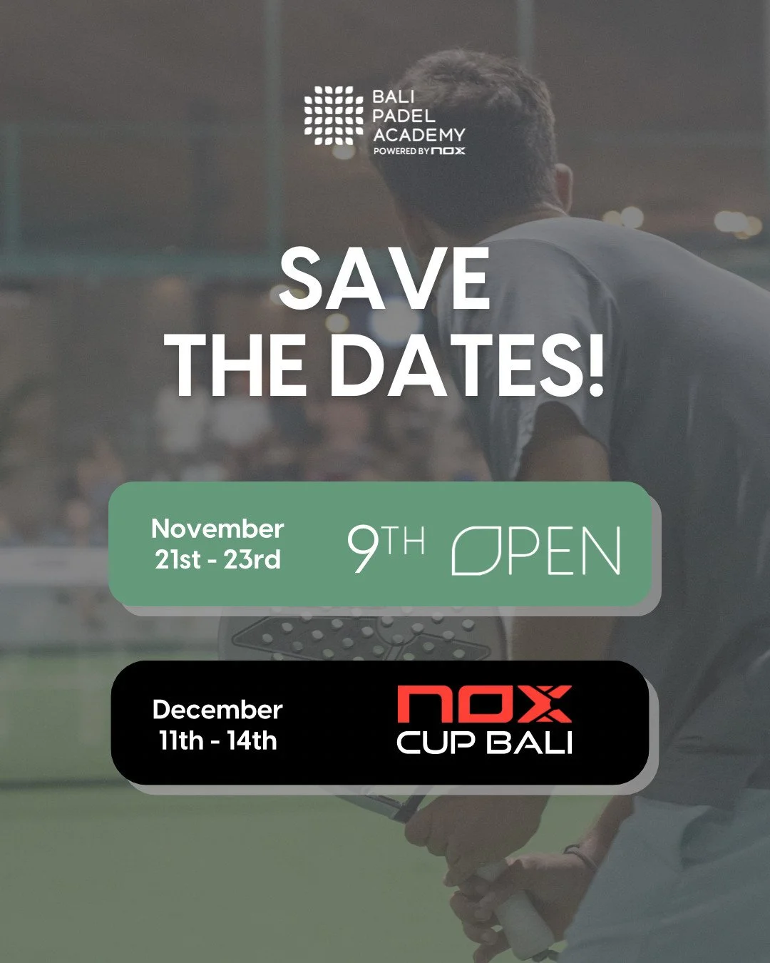 Save the dates — we’re closing the year with an incredible lineup at Bali Padel Academy! 🎾✨
🗓 November 21–23: BPA 9th OPEN 🔥
🗓 December 11–14: NOX CUP Bali 🏆
Two events to compete, and celebrate the game we love wi