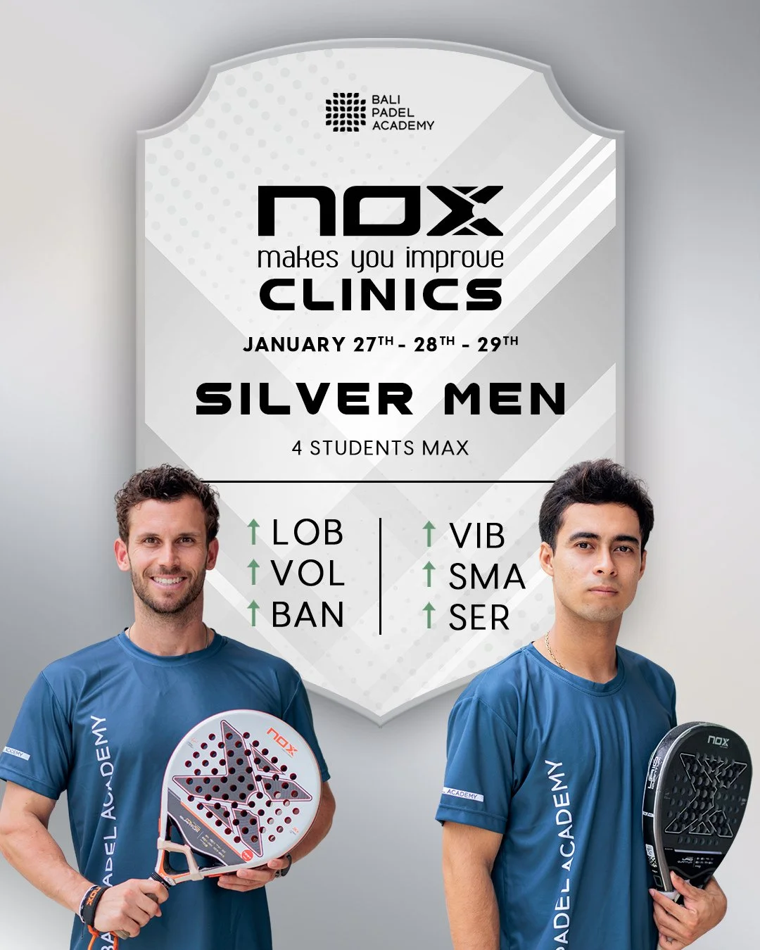 NOX CLINICS at BPA⁠
⁠
MEN SILVER LEVEL (Playtomic level average 3.0&ndash;4.0)⁠
⁠
Dates: January 27th, 28th, 29th⁠
⁠
A 3-day intensive program (8 hours total) designed for Silver-level men who want to refine their technique and upgrade their tactical