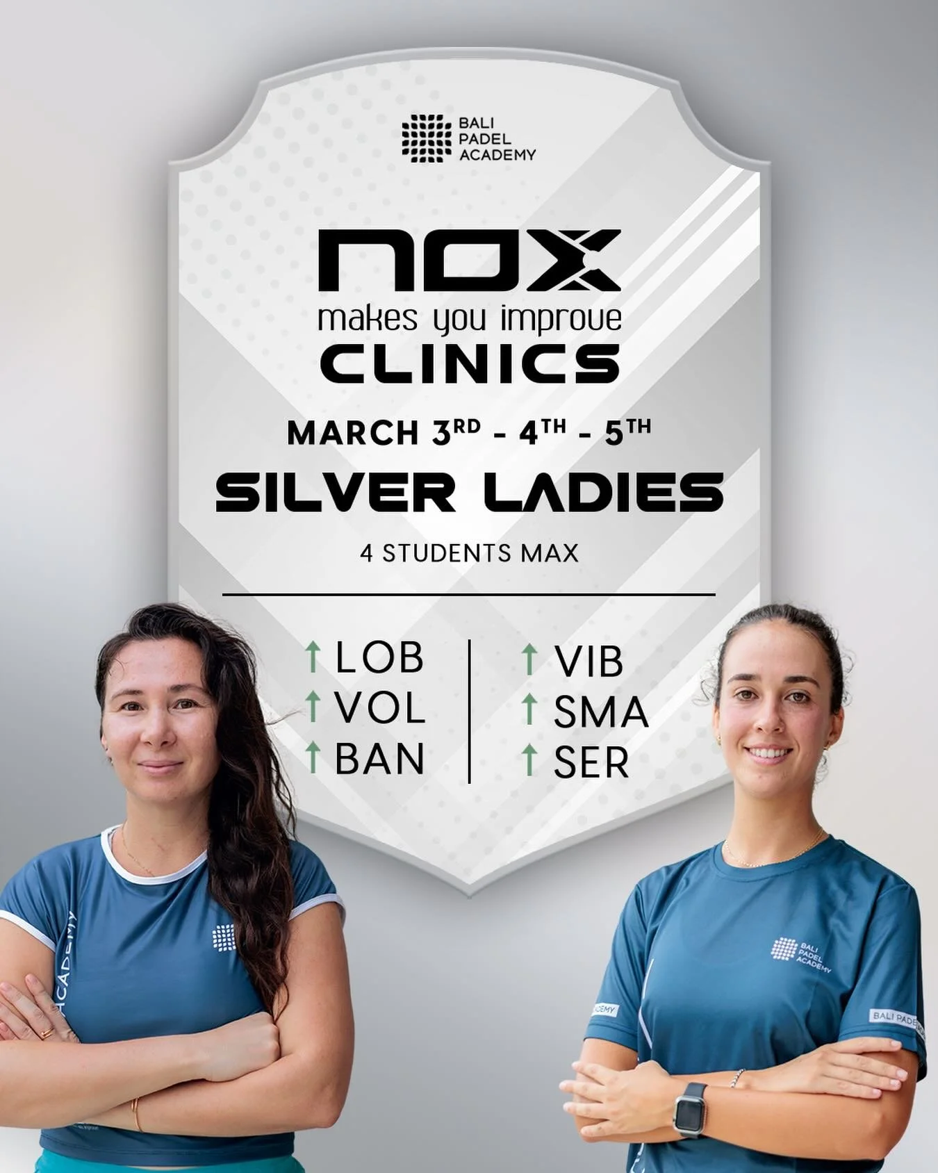 NOX CLINICS at BPA⁠
⁠
LADIES SILVER LEVEL
⁠
Dates: March 3rd, 4th, 5th
⁠
A 3-day intensive program (8 hours total) designed for Silver-level ladies who want to refine their technique and upgrade their tactical decision-making on court.⁠
⁠
Strengthen 