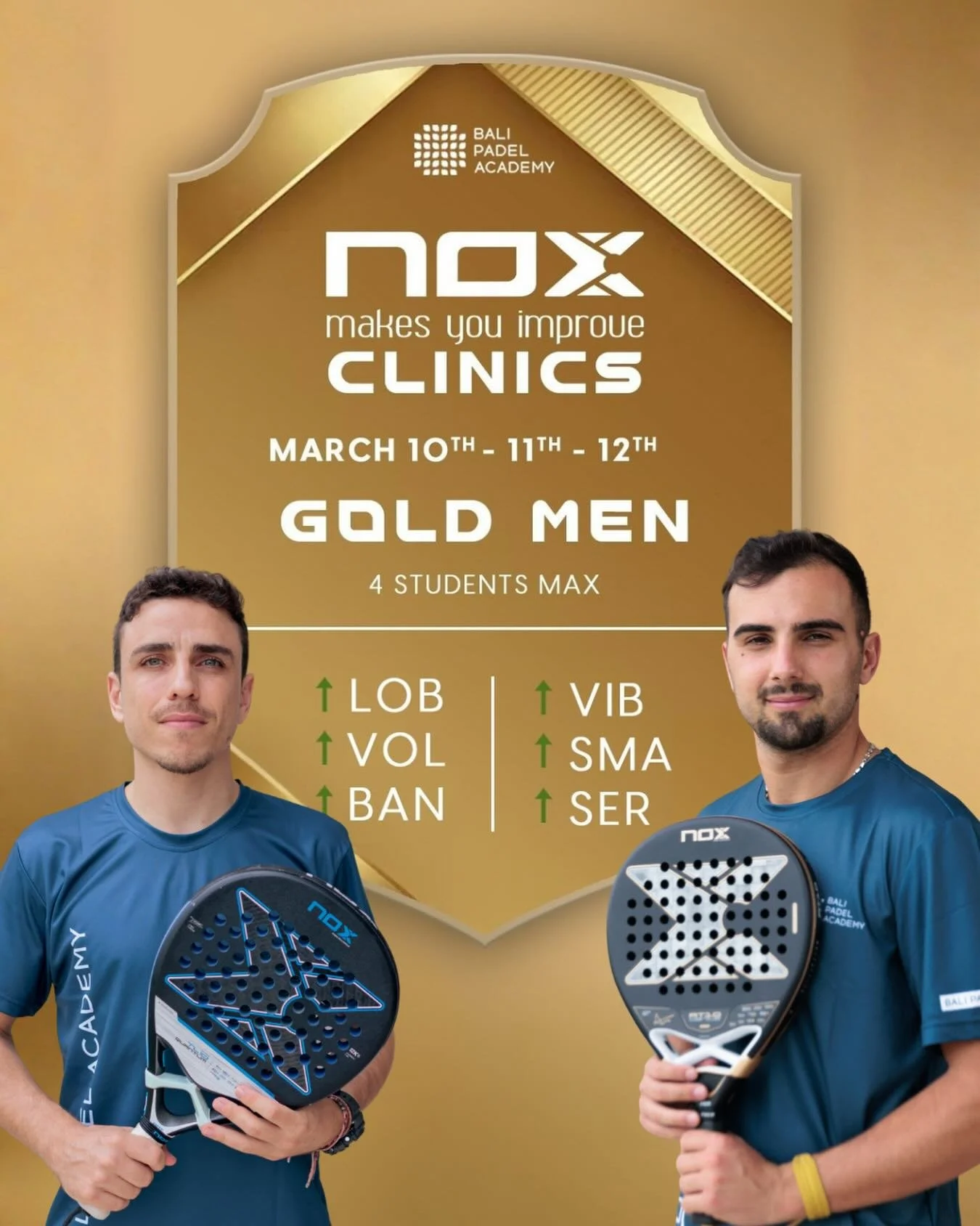 NOX CLINICS at BPA⁠
⁠
MEN GOLD LEVEL
⁠
Dates: March 10th, 11th, 12th
⁠
A 3-day intensive program (8 hours total) designed for Gold-level men who want to refine their technique and upgrade their tactical decision-making on court.⁠
⁠
Strengthen your co