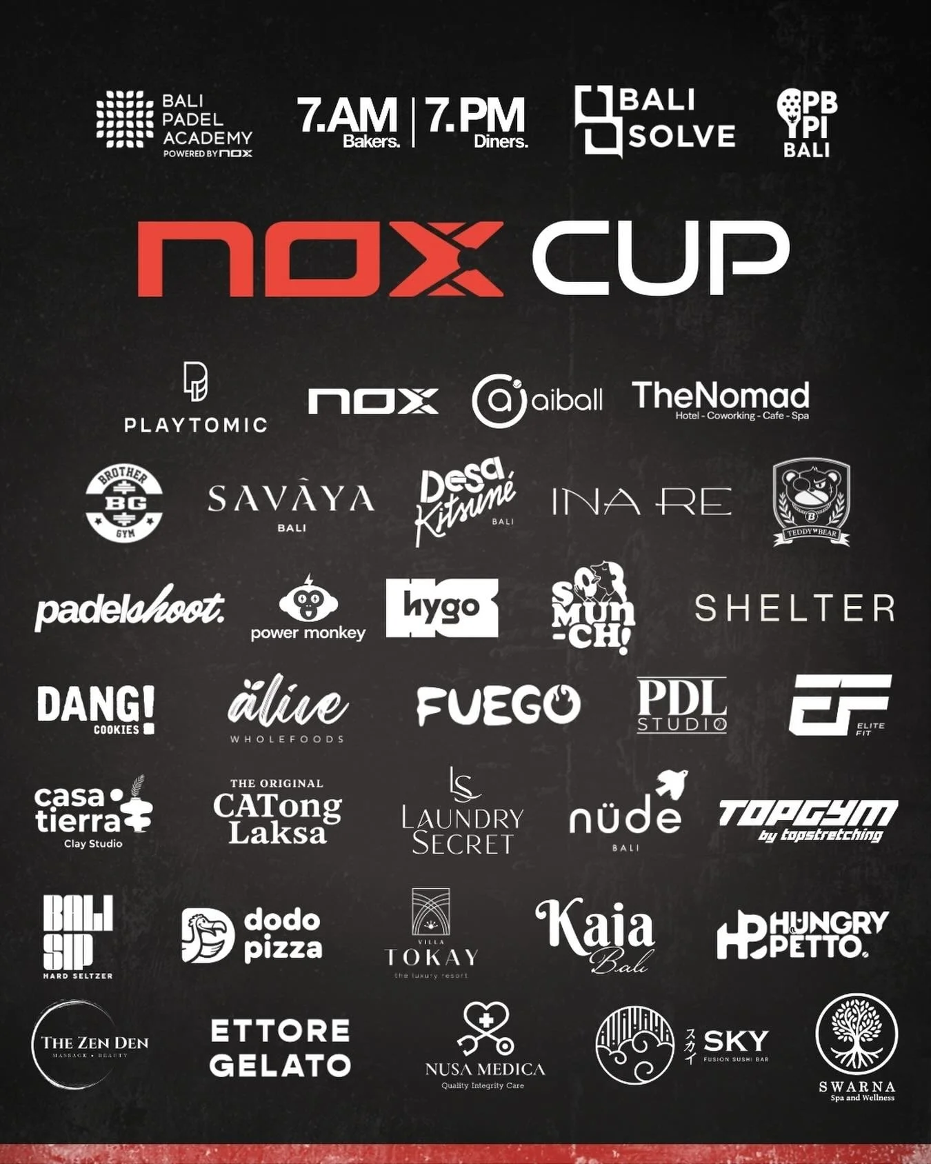 This NOX CUP is here!! 🔥🏆🔥

And it wouldn&rsquo;t be possible without the incredible support from our amazing sponsors. ❤️

A special thank you to:

@7am.bakers
@balisolve
@pbpibali
@playtomic
@noxpadelindonesia
@aiball_asia
@thenomad.canggu 
@bro