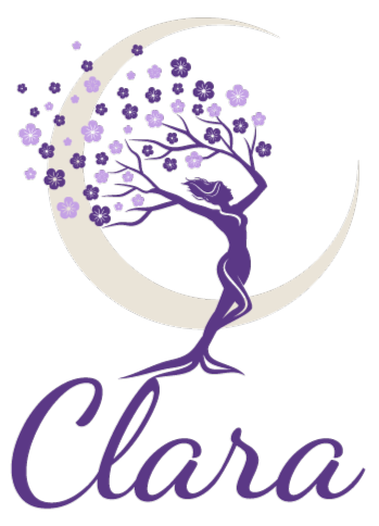 A stylized purple tree with blossoms emerging from a crescent moon, with the name 'Clara' in cursive below.