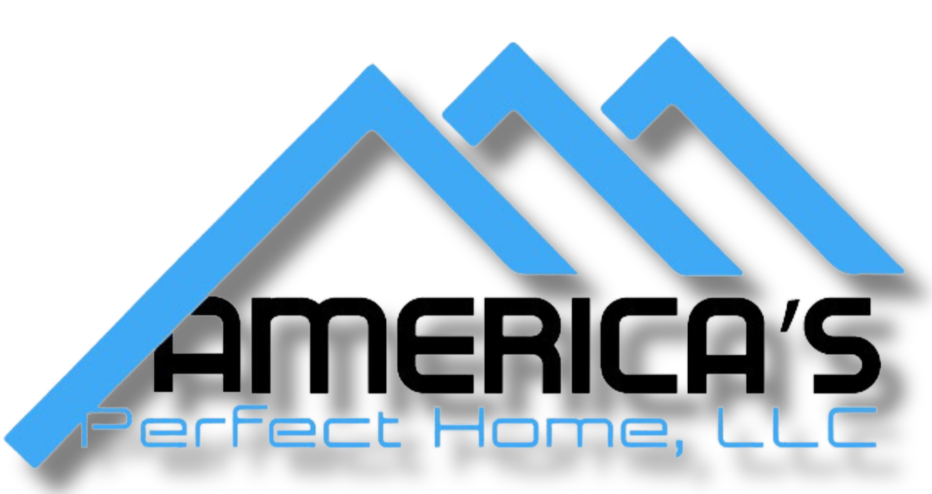 Logo for America's Perfect Home, LLC featuring stylized blue mountain peaks and black and blue text.