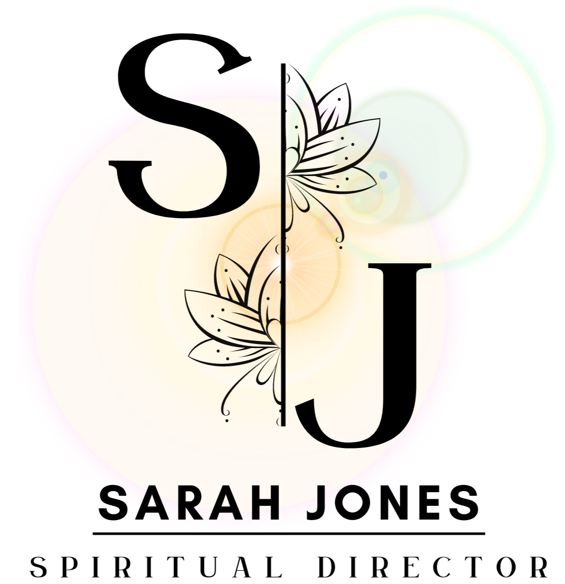 Colorful abstract graphic with large letters 'O' and 'J' separated by a vertical line, surrounded by floral designs, with the name 'Sarah Jon' at the bottom.