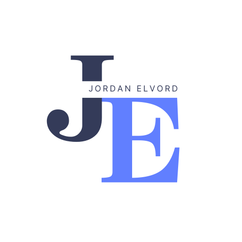 Logo with the initials 'J' and 'E' in large blue and black letters, with the name 'Jordan Elvord' in the middle.