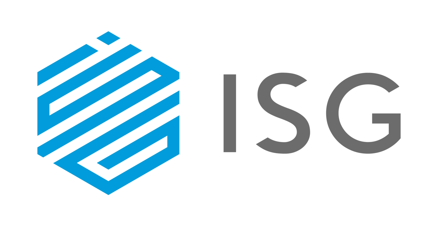 Blue geometric logo next to the text "ISG" in gray