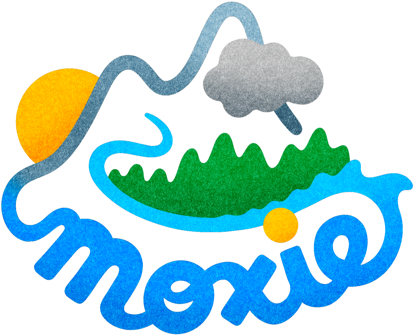 Colorful illustration of a sun, cloud, green plant, river, and the word 'Mexico'