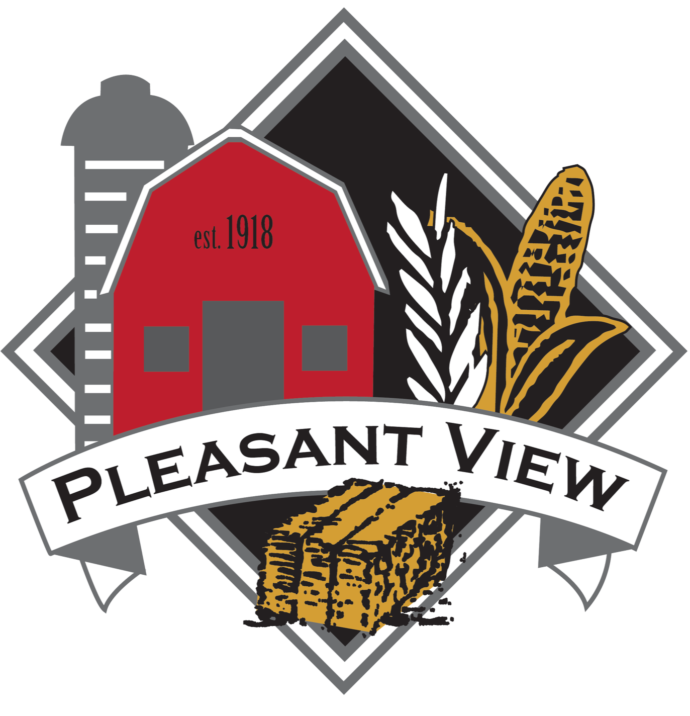 A logo for Pleasant View featuring a red barn with 'est. 1918', a silo, wheat stalks, a tree, and a stack of timber, with a ribbon banner reading 'PLEASANT VIEW'.