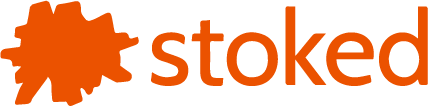 Logo with an orange, abstract, sunburst-like shape next to the word "stoked" in lowercase orange letters.
