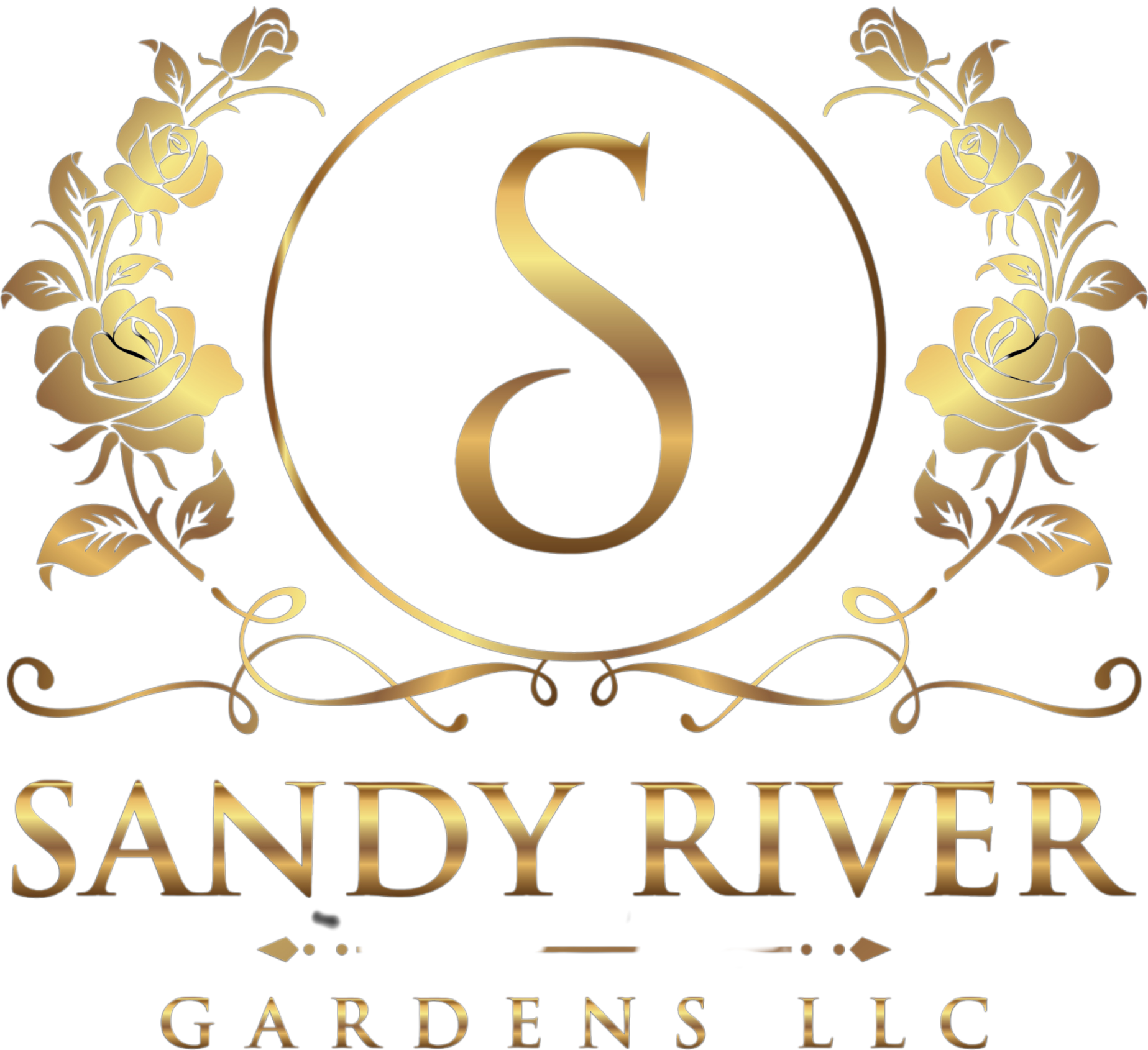 The image features a decorative logo with a large golden letter 'S' surrounded by a circular border and ornate gold floral designs. Below the logo, the text reads 'Sandyriver Gardens LLC' in gold lettering.