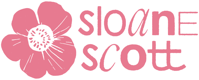 Graphic with a pink flower and the name 'Sloane Scott' in pink and purple text.