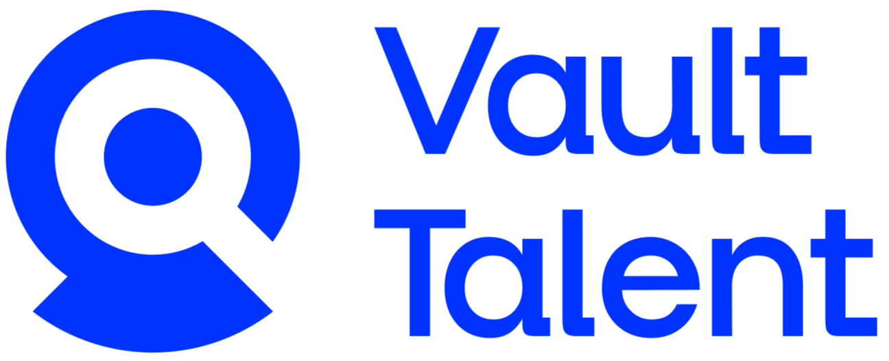 Blue logo with circular design and the words "Vault Talent" in blue text.