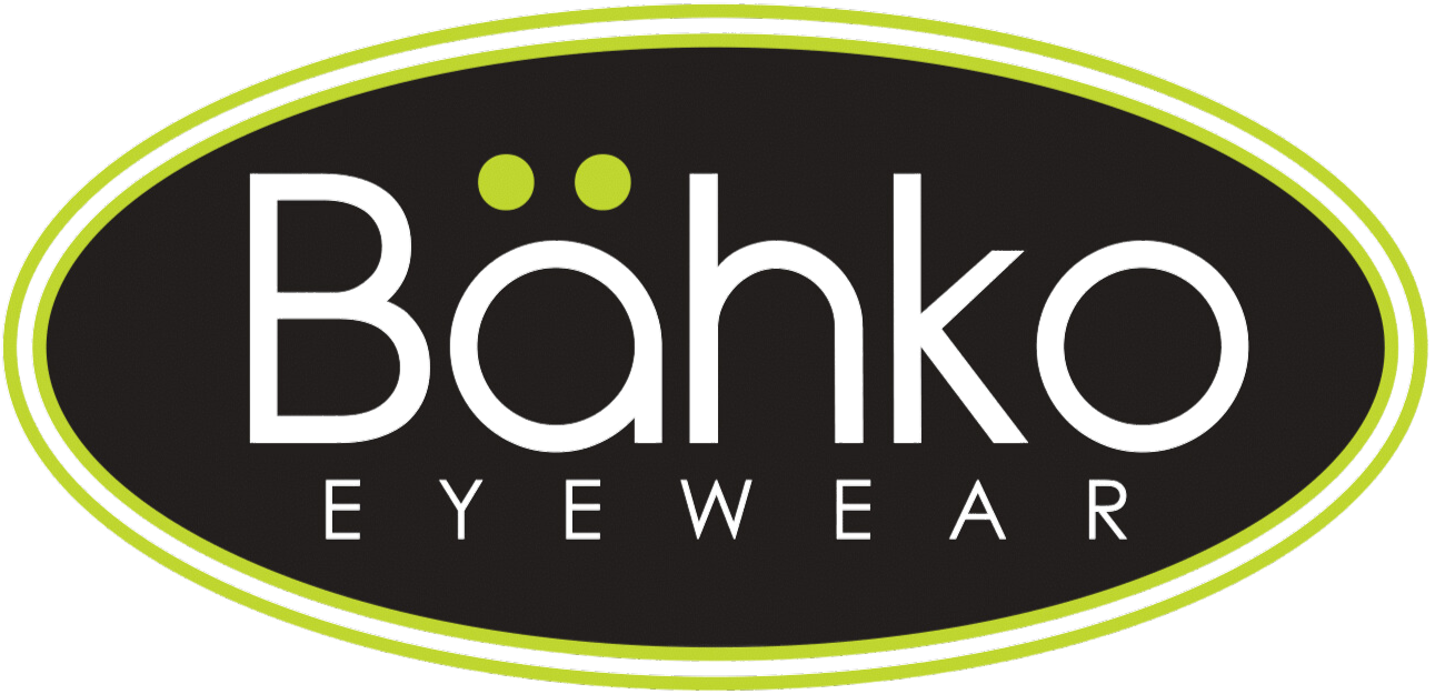 Logo for Bärko Eyewear with the brand name in large letters inside an oval shape outlined with yellow-green, on a black background.