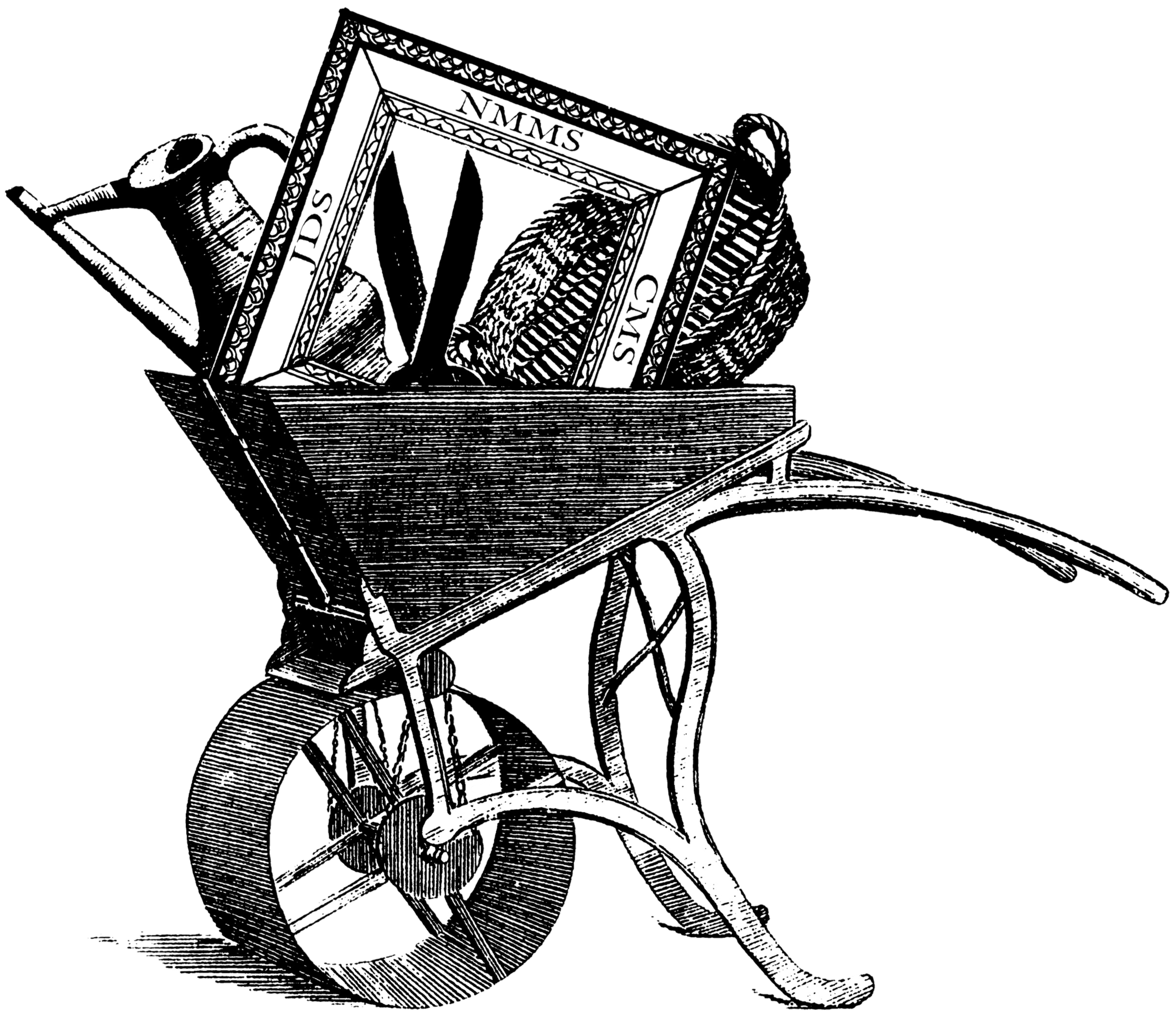 Black and white illustration of a wheelbarrow with a box labeled "SAVINGS" containing a large checkmark, and a spray paint can.
