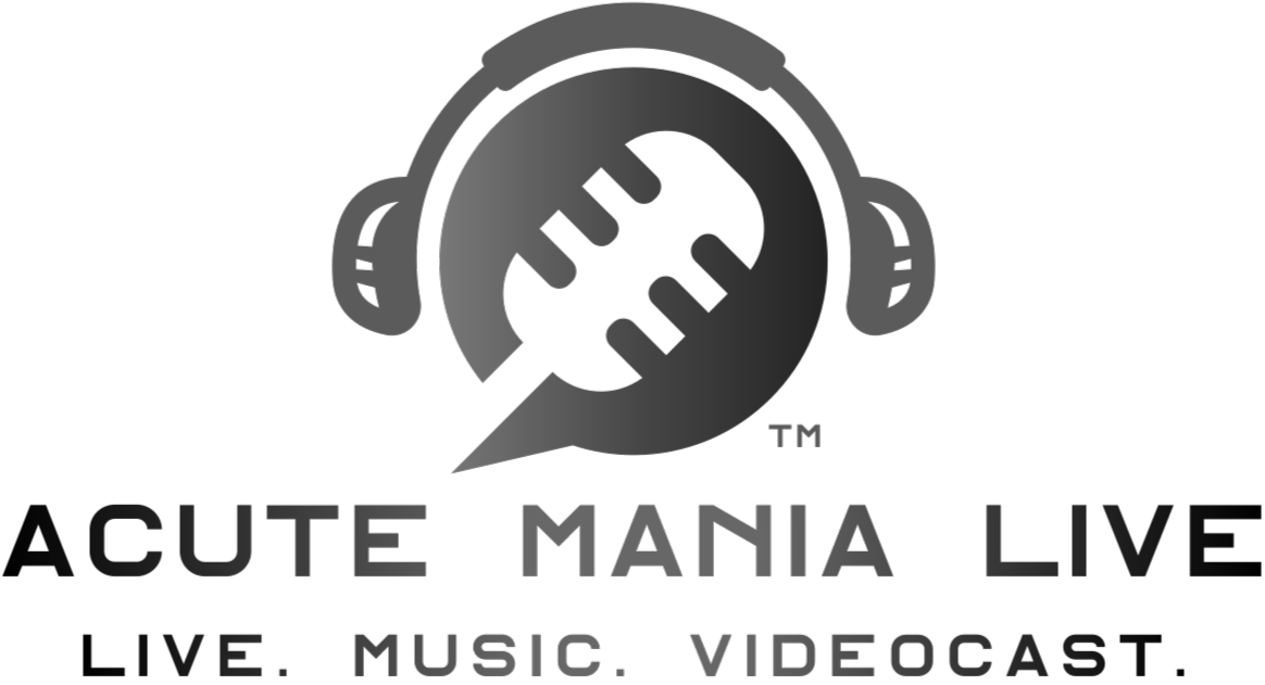 Logo for 'Acute Mania Live,' featuring a black and gray circular design with a stylized brain and wrench inside, along with headphones on either side, and text indicating music and video cast.