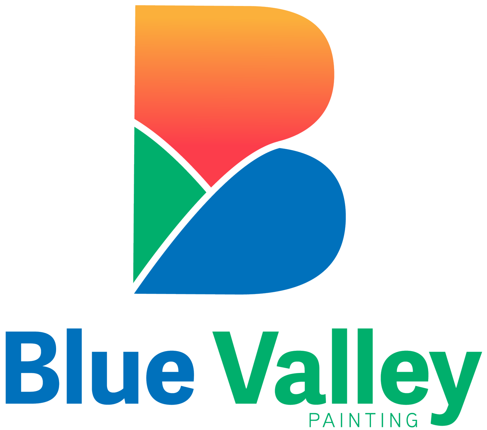 A logo with a stylized paintbrush consisting of two rounded, gradient-colored shapes, one orange and one blue, with green and blue text below that reads 'Blue Valley Painting'.
