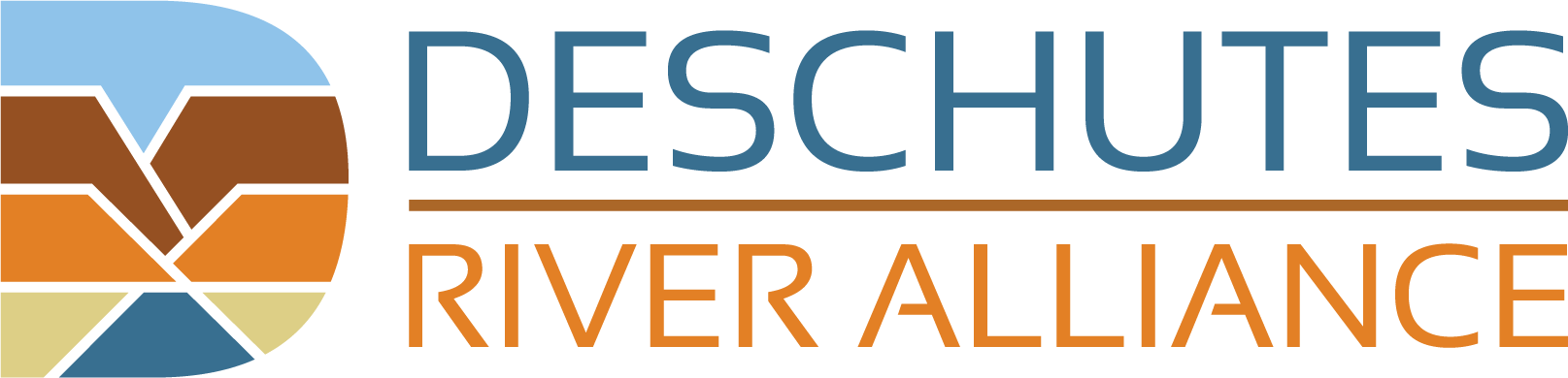 Logo of Deschutes River Alliance featuring a stylized river with blue, brown, beige, and black sections and the organization's name in blue and orange text.