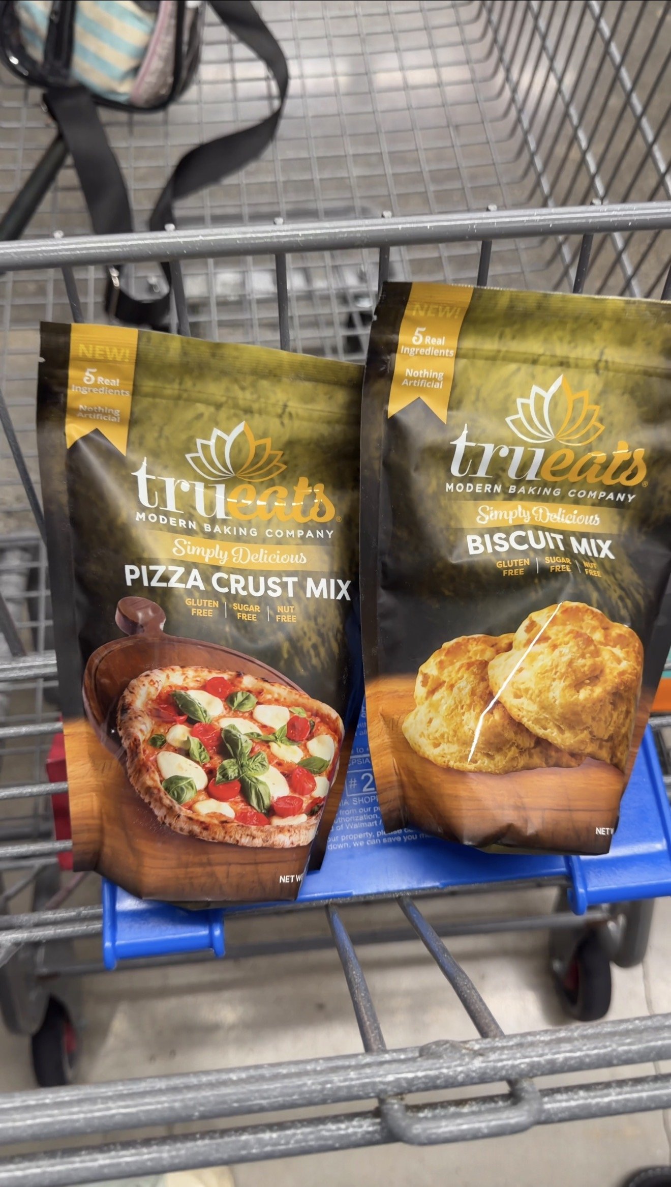 TruEats gluten-free Biscuit Mix and Pizza Crust Mix in a Walmart shopping cart