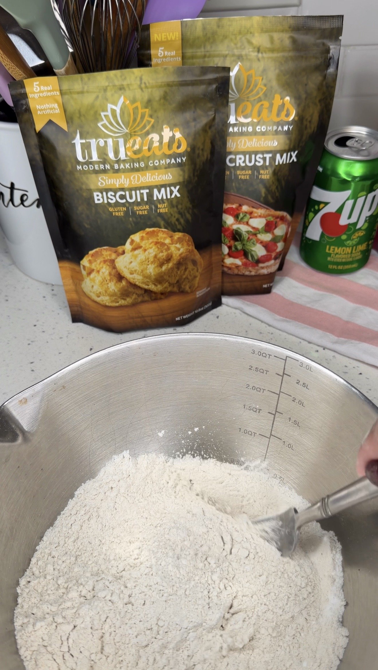 Preparing TruEats gluten-free biscuit dough in a mixing bowl