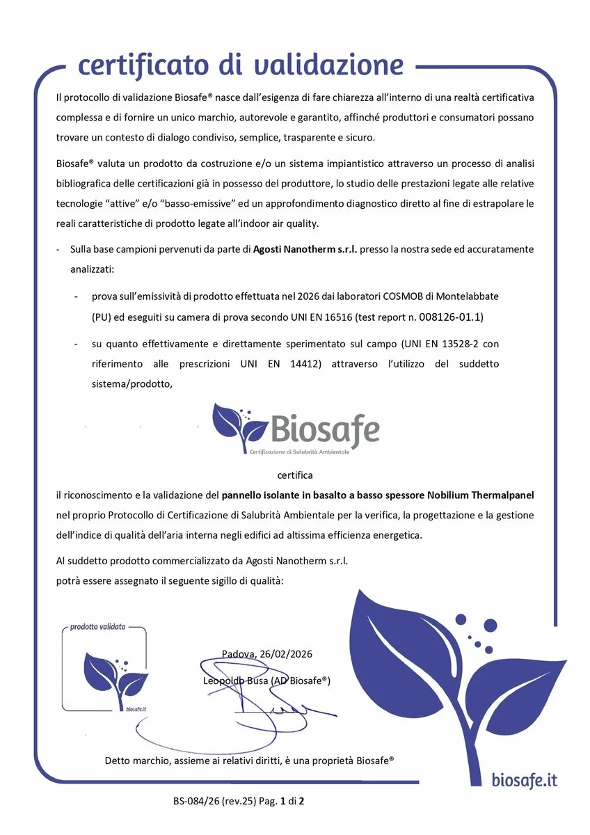 Isolamento termico a basso spessore ed certificazione ambientale BIOSAFE: 