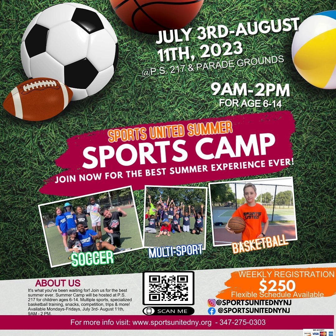 It's what you've been waiting for! Join us for the best summer experiences ☀️ ever! 

Summer Camp will be hosted at P.S. 217/Prospect Park for children ages 6-14. 

Multiple sports ⚽️🏈⚾️, specialized basketball 🏀 training, snacks, competition, trip