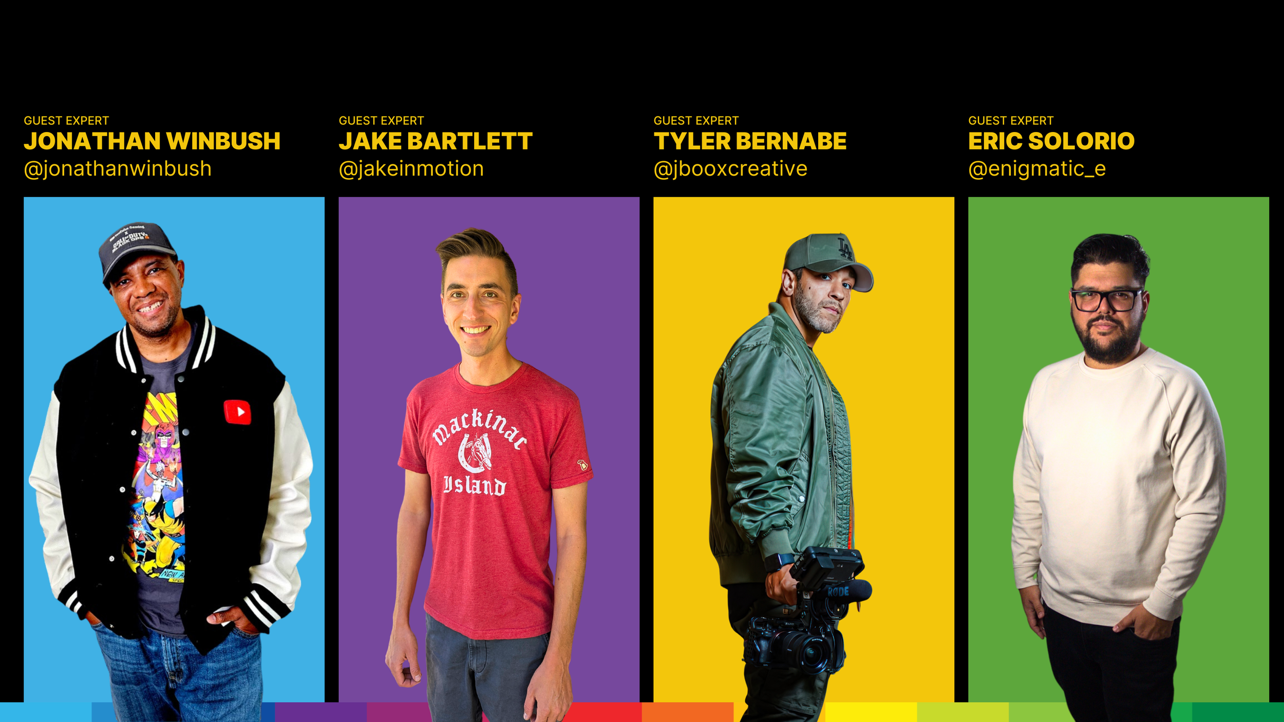 Four men standing against colorful backgrounds with their names, titles, and social media handles displayed above. The first man has a blue background, wears a black and white varsity jacket, and is smiling. The second man has a purple background, wears a red t-shirt, and is smiling. The third man has a yellow background, wears a green jacket and cap, and holds a camera. The fourth man has a green background, wears glasses and a cream sweater, and looks at the camera.